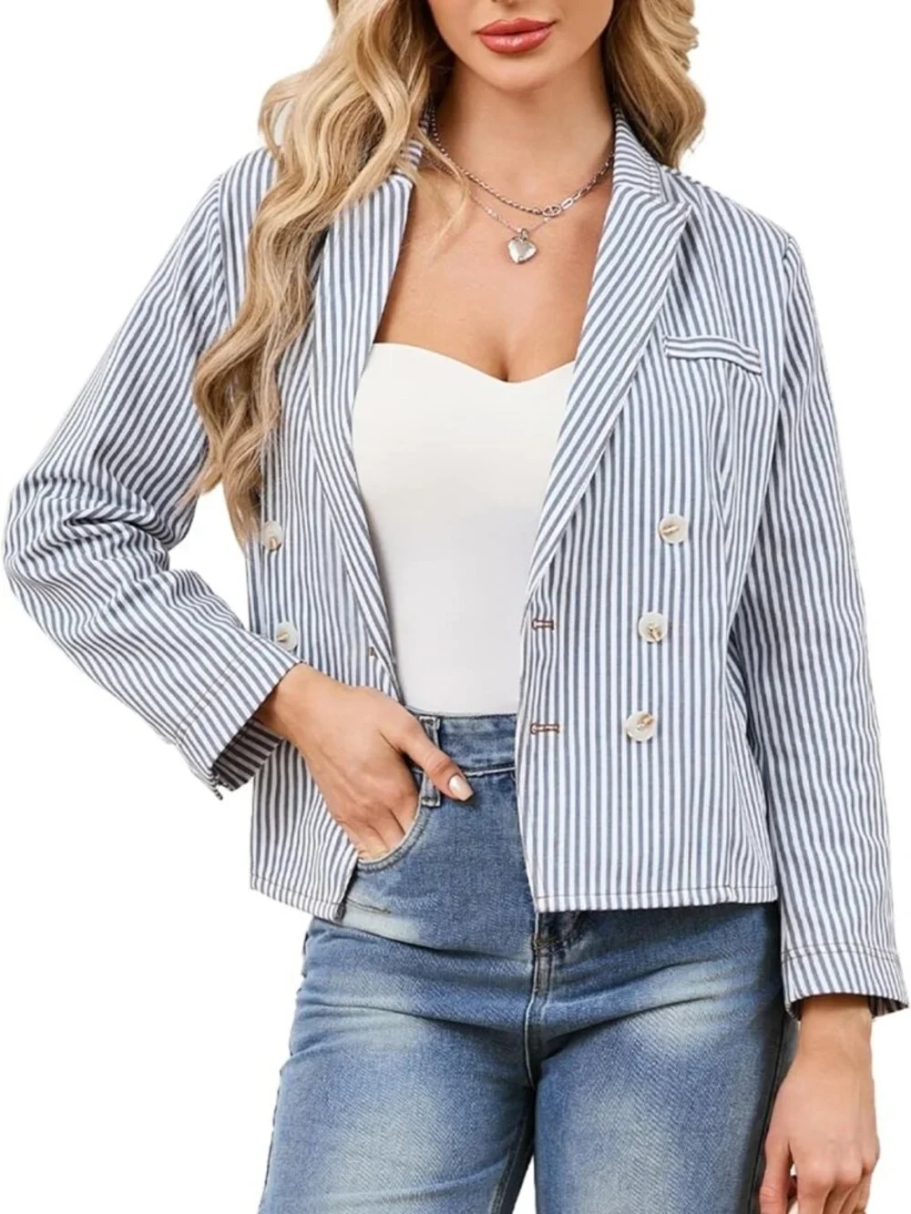 Chic Women's Striped Denim Blazer Jacket | Double Breasted, Notched Lapel, Long